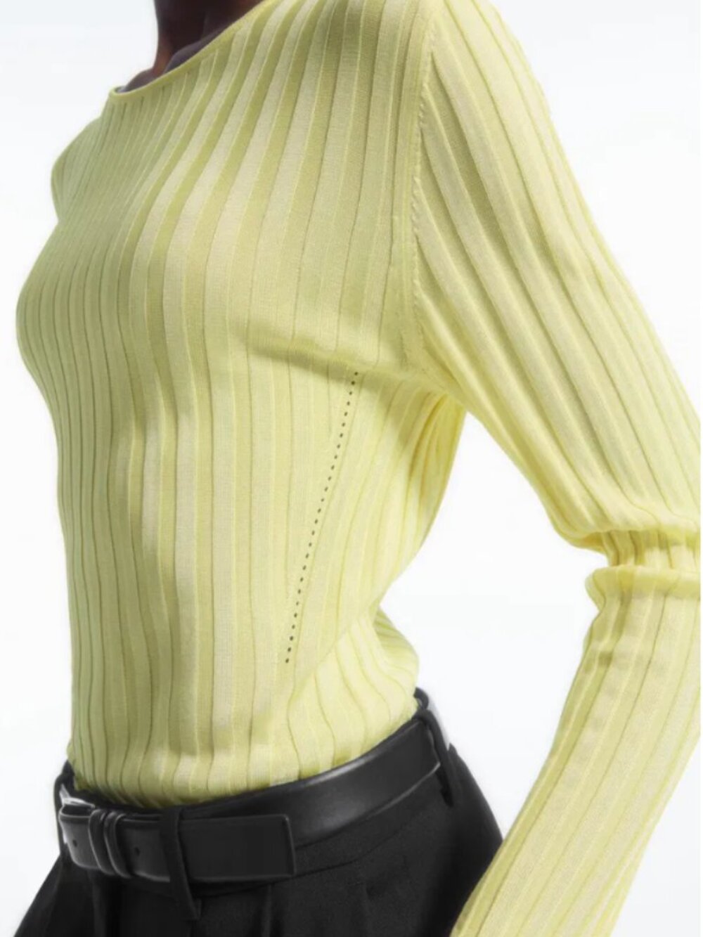 COS Pale Yellow Ribbed Long Sleeve Crewneck Top